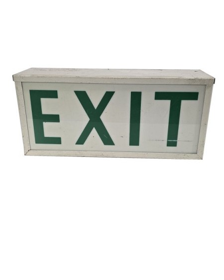 Practical period emergency exit sign, green backlit lettering