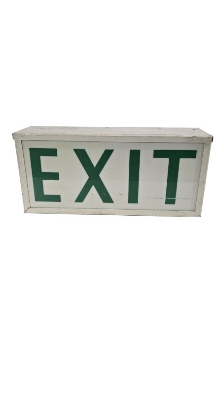 Practical period emergency exit sign, green backlit lettering