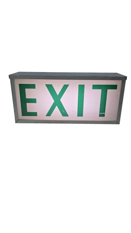 Practical period emergency exit sign, green backlit lettering