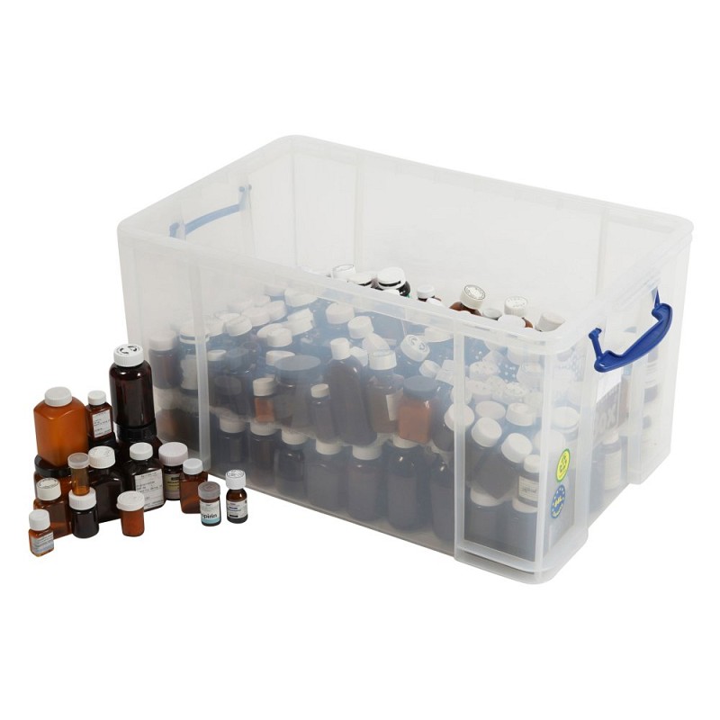 Crate of Brown pill bottles 