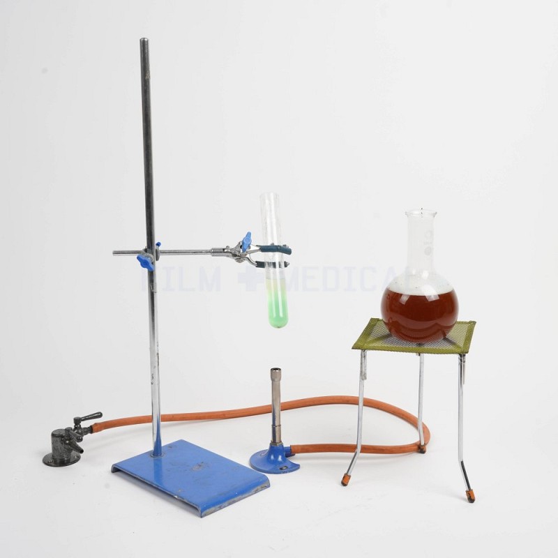 Retort Stand Clamp +Grip, Benson Burner, Tripod, Gauge, & Gas Tap, With Test Tube + Round Bottom Flask + Tubing