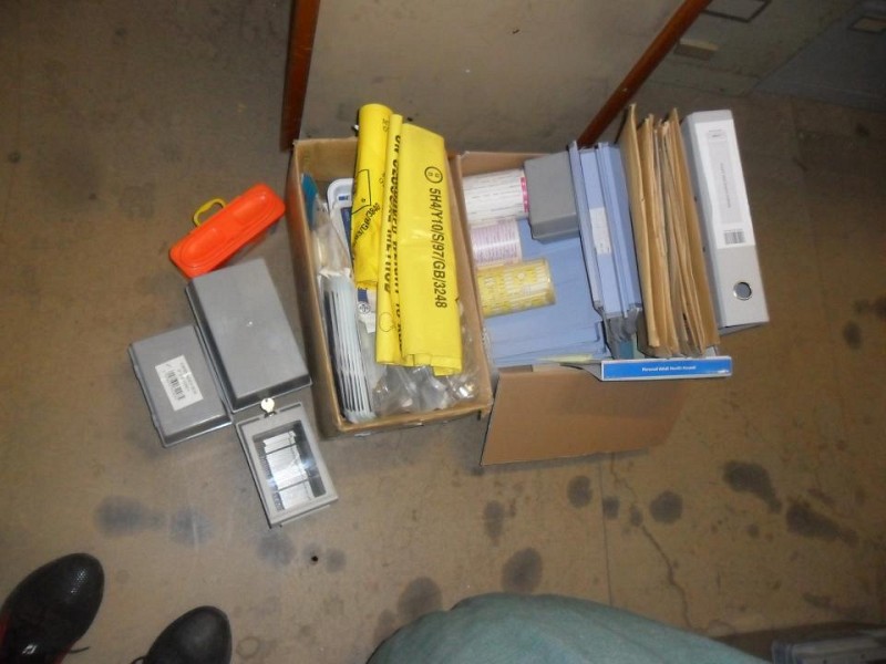 misc bumph lock box sharps bin Hospital bags folders  