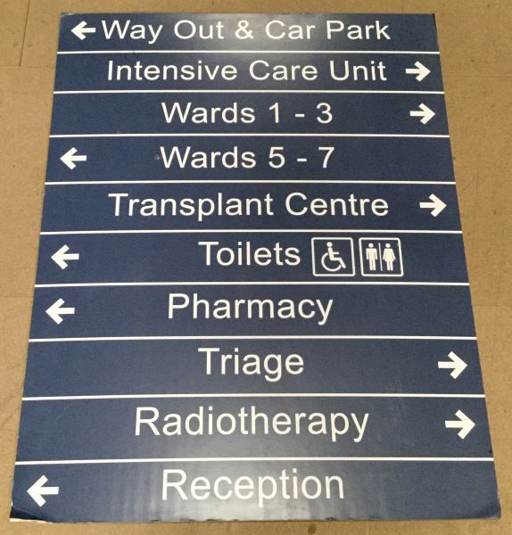 Dark blue hospital sign